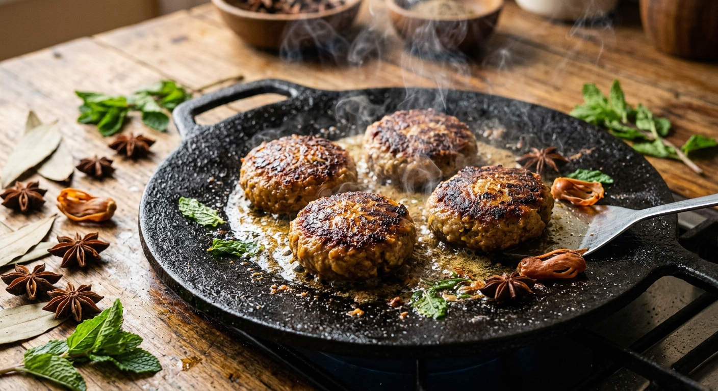 Golden-brown Galouti kebabs pan-frying in ghee on a traditional cast iron tawa.