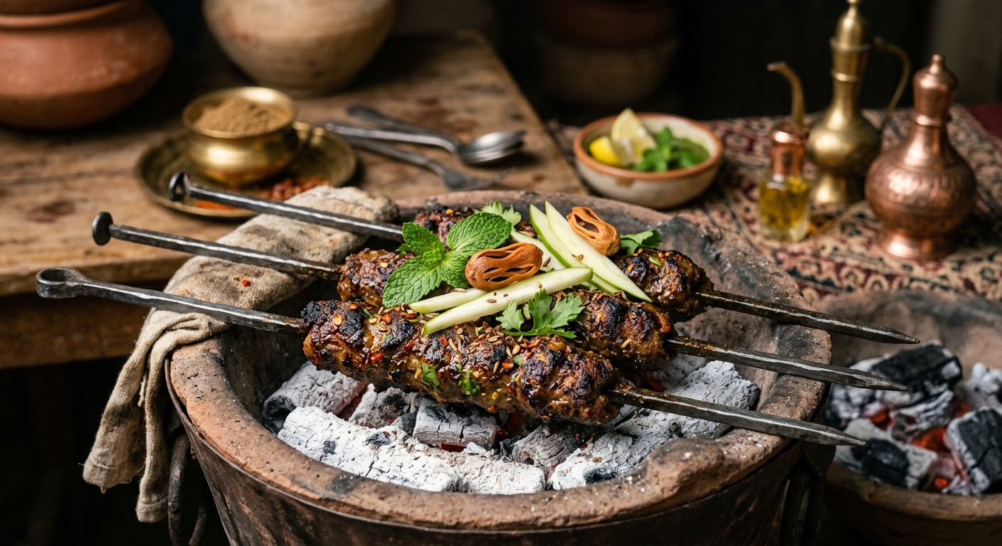 Freshly cooked Kakori kebabs resting on a metal skewer with whole mace and raw papaya slices nearby