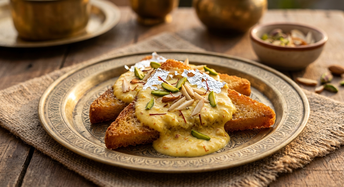 Authentic Shahi Tukda garnished with saffron rabri, slivered pistachios, and silver leaf on a brass platter