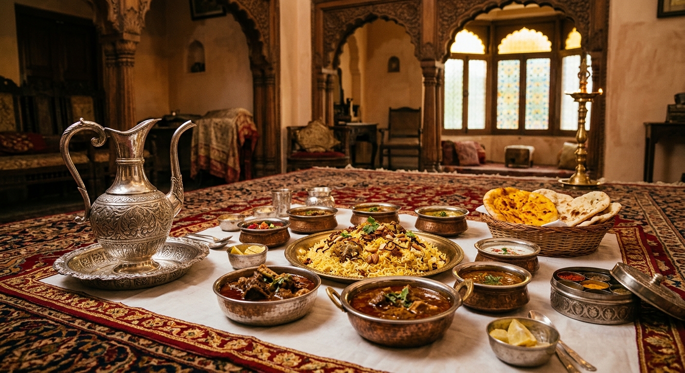 Traditional Awadhi dastarkhwan setup with historic Indian dishes, breads, and silver serving ware in Lucknow