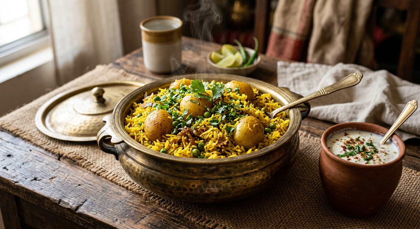 Traditional Lucknowi Tehri with golden yellow rice and spiced potatoes served in a brass pot.