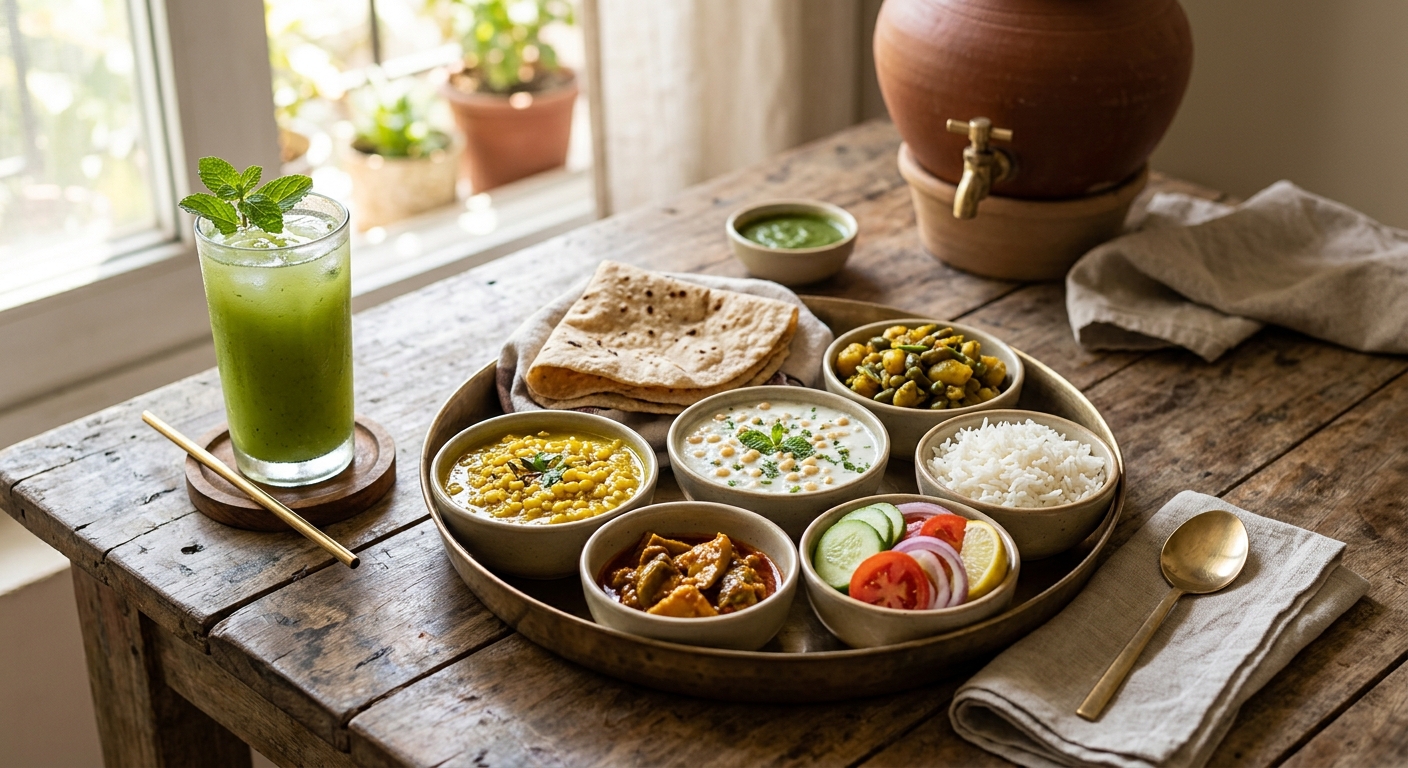 Cooling summer meal spread in Lucknow with Aam Panna, mint raita, and light dal.