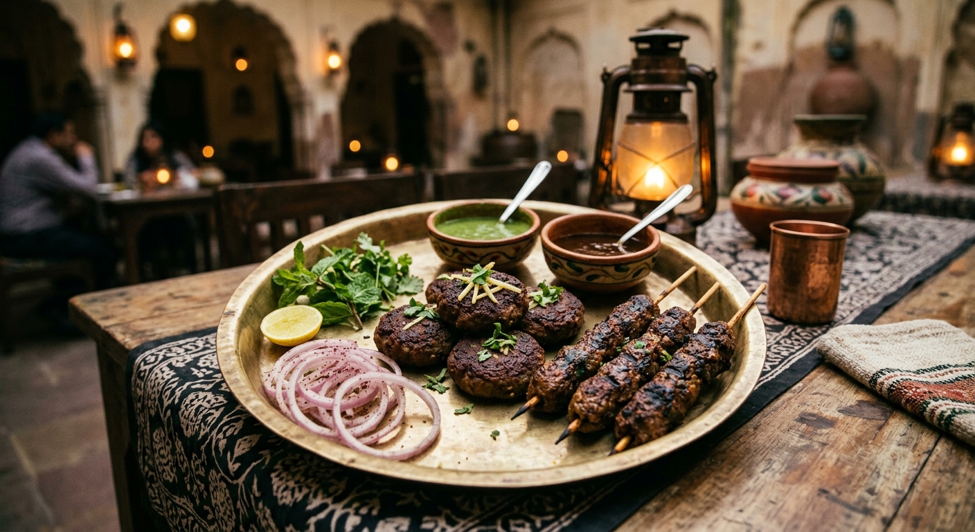 Awadhi kebab platter featuring assorted traditional Lucknow kebabs, sliced onions, and mint chutney on a brass tray.