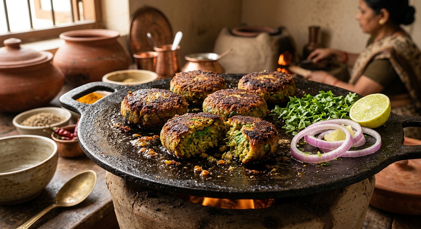 Golden-brown vegetarian shami kebabs cooked on a cast iron tawa with sliced onions and mint garnish