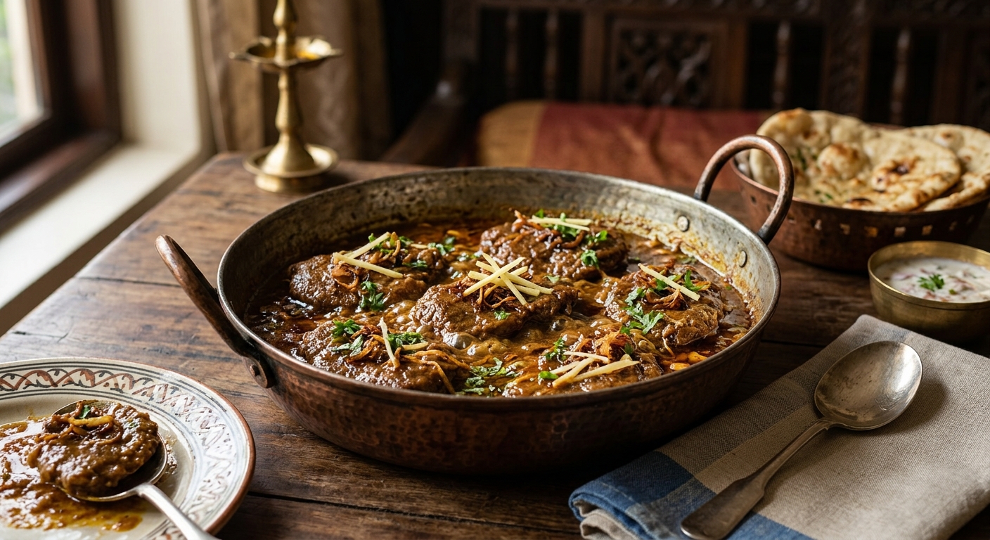 Traditional Awadhi mutton pasanda cooked in a wide copper lagan with rich browned onion gravy
