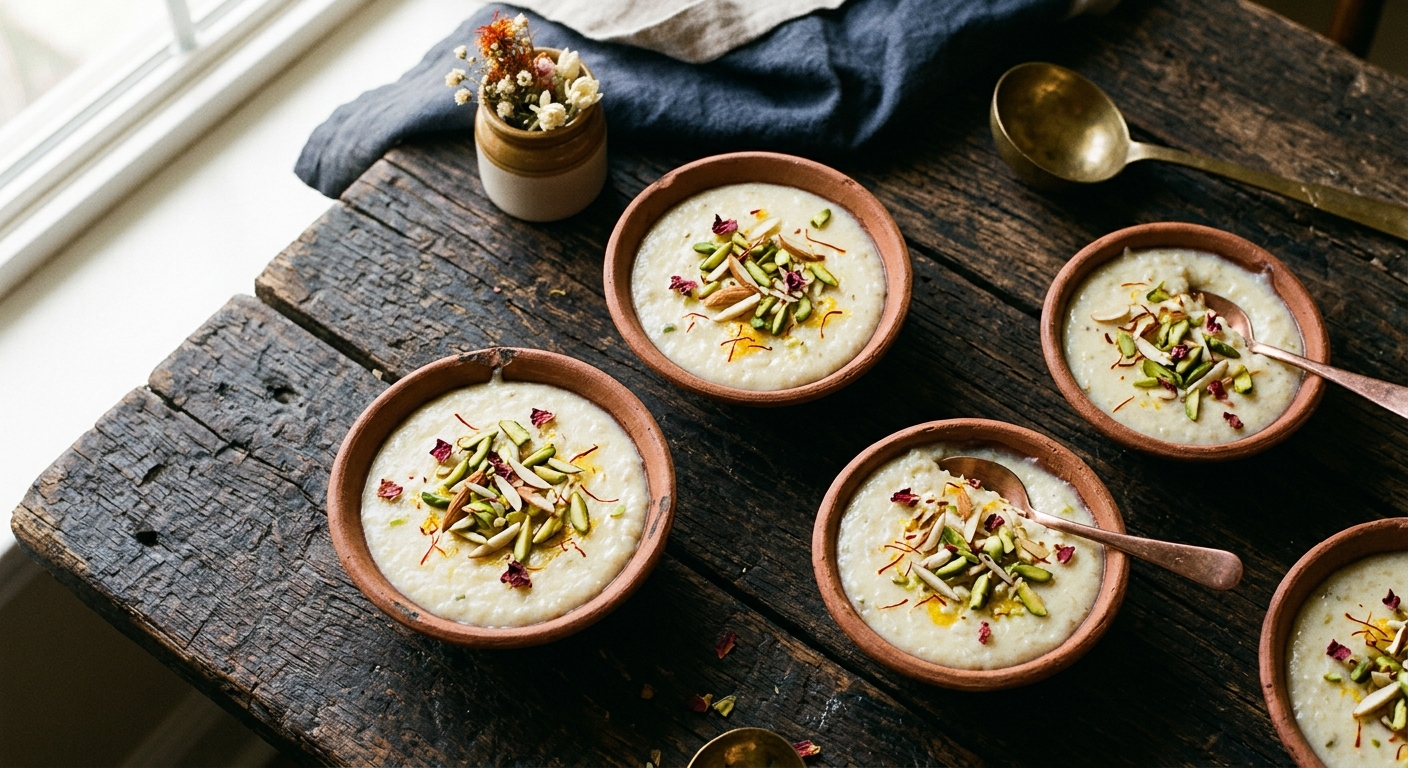 Traditional Lucknowi phirni served in shallow unglazed earthen pots garnished with pistachios and saffron.