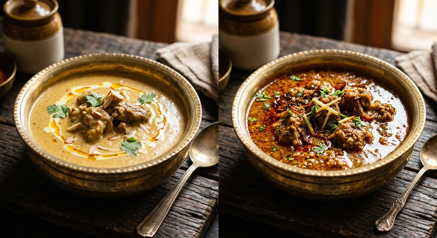 Comparison of smooth pale Awadhi Qorma and grainy red Delhi Korma in traditional brass bowls
