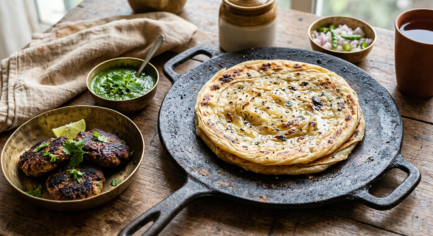 Golden-brown ulte tawe ka paratha cooking on an inverted cast iron griddle with soft layers visible