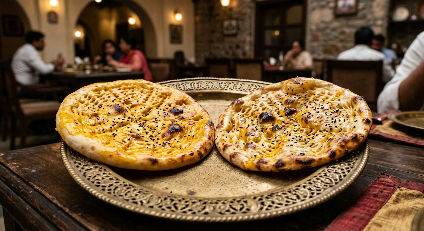 Authentic Awadhi saffron flatbreads Sheermal and Taftan served together on a brass platter in Lucknow