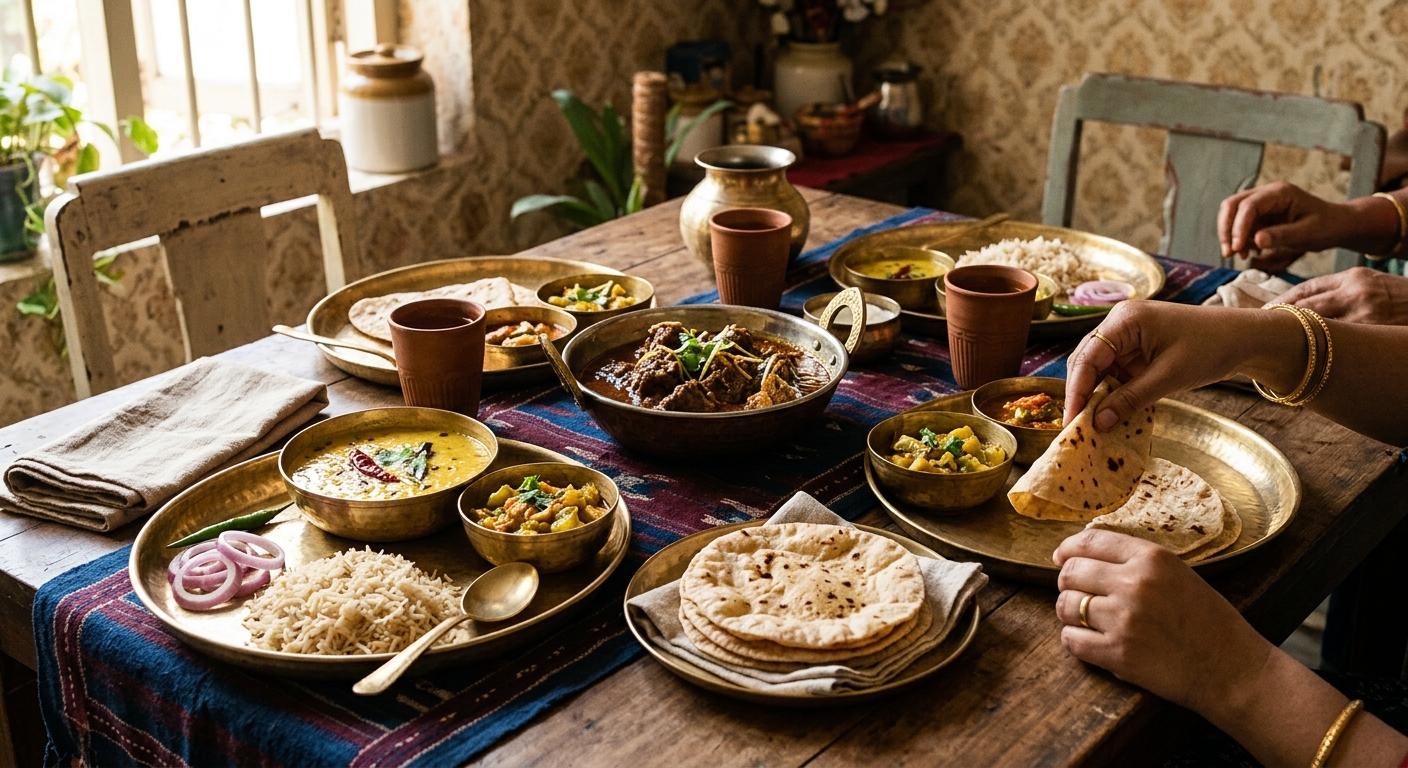 A balanced Awadhi meal spread featuring mutton gravy, yellow dal, and a bottle gourd preparation served in traditional brass bowls.