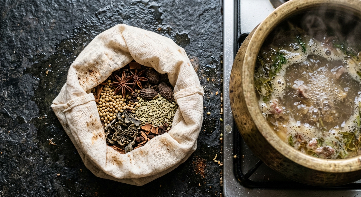 Open muslin cloth with whole spices for potli masala beside a pot of Lucknowi mutton yakhni.