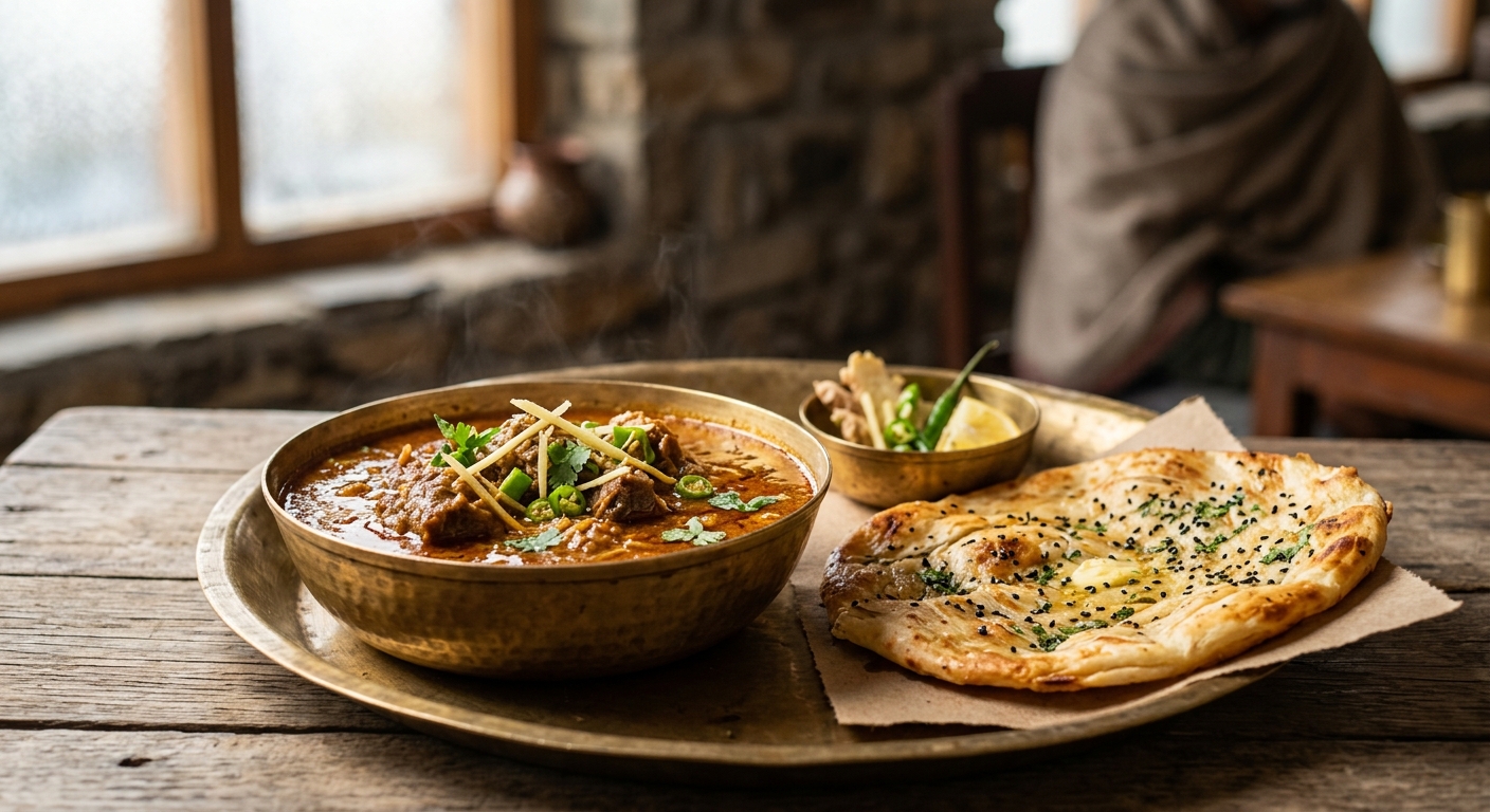 Traditional Lucknowi mutton Nihari served with crisp kulcha, julienned ginger, and lemon slices.