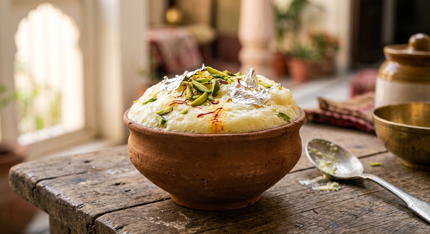 Freshly churned Nimish Makhan Malai served in an earthen kulhad garnished with pistachios and saffron.