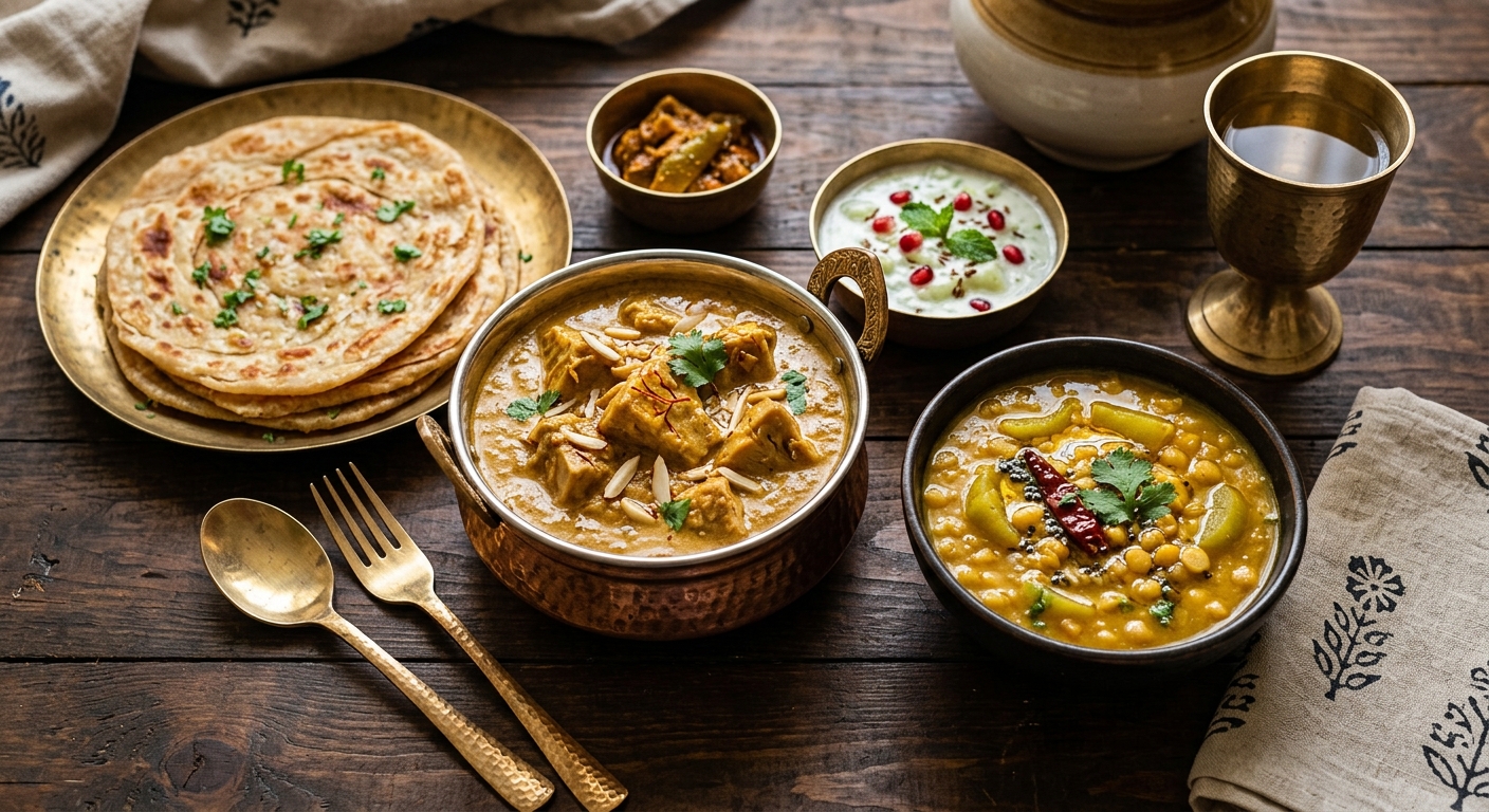Vegetarian Awadhi meal spread with Kathal Korma, Lauki Dalcha, and flatbreads served in traditional metal bowls.